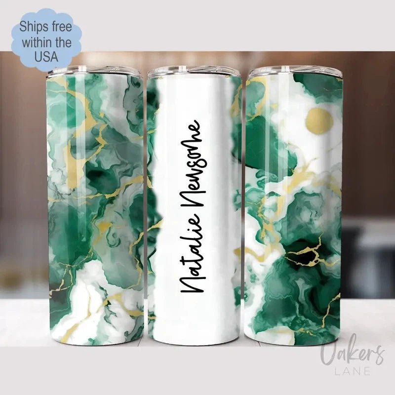 Emerald Green and Gold Personalized Skinny Tumbler - Oakers Lane