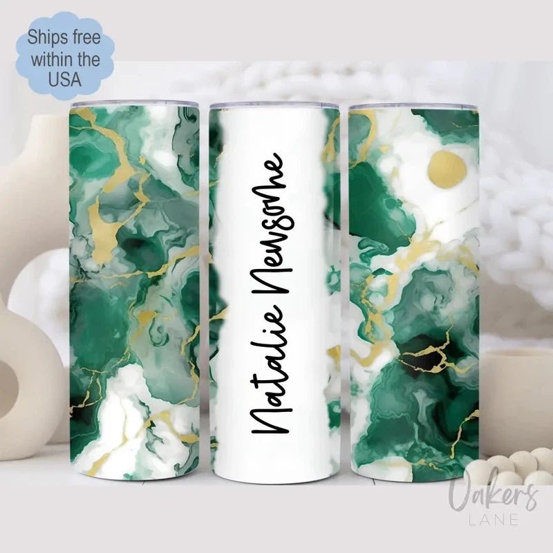 Emerald Green and Gold Personalized Skinny Tumbler - Oakers Lane