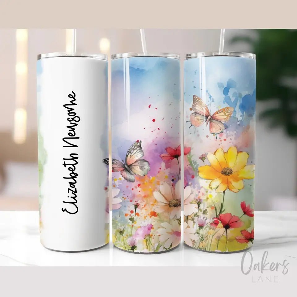 Personalized Butterfly Flowers Skinny Tumbler - Oakers Lane