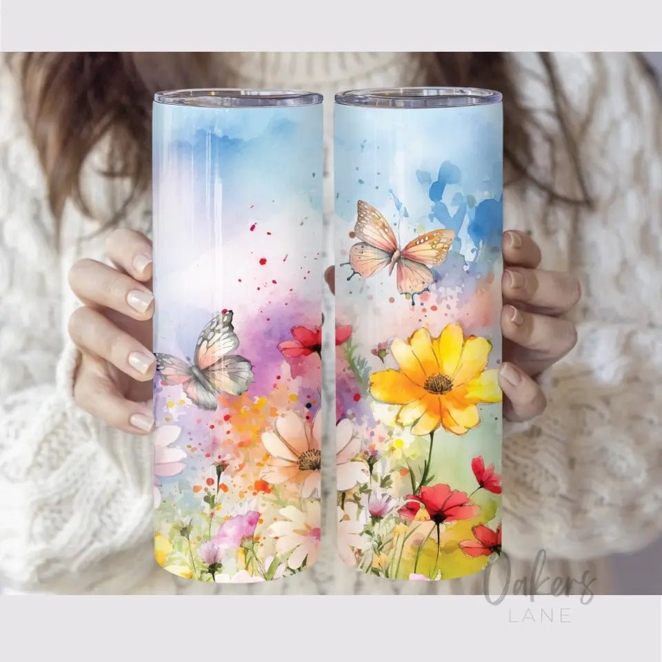 Personalized Butterfly Flowers Skinny Tumbler - Oakers Lane