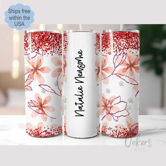 Red Glitter Floral Personalized Tumbler - Oakers Lane